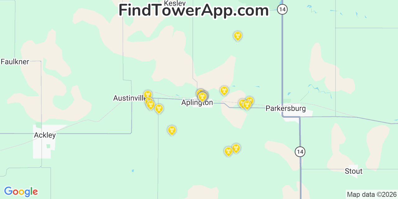 Map showing the 20 primary cell tower locations detected in Aplington, Iowa from AT&T, Verizon, and T-Mobile networks