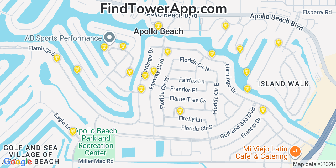 Map showing the 20 primary cell tower locations detected in Apollo Beach, Florida from AT&T, Verizon, and T-Mobile networks