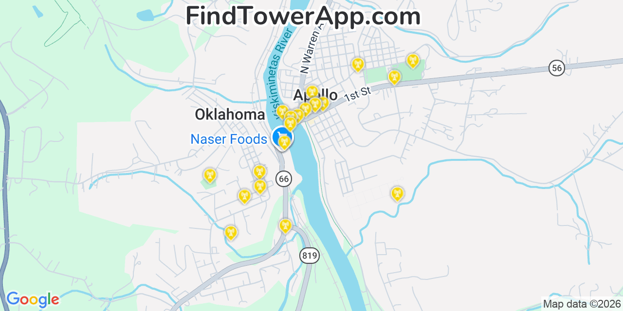 Map showing the 20 primary cell tower locations detected in Apollo, Pennsylvania from AT&T, Verizon, and T-Mobile networks