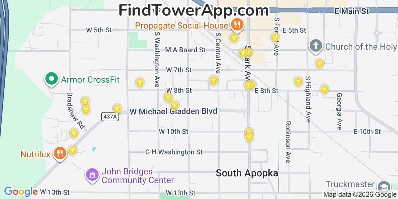 Map showing the 20 primary cell tower locations detected in Apopka, Florida from AT&T, Verizon, and T-Mobile networks