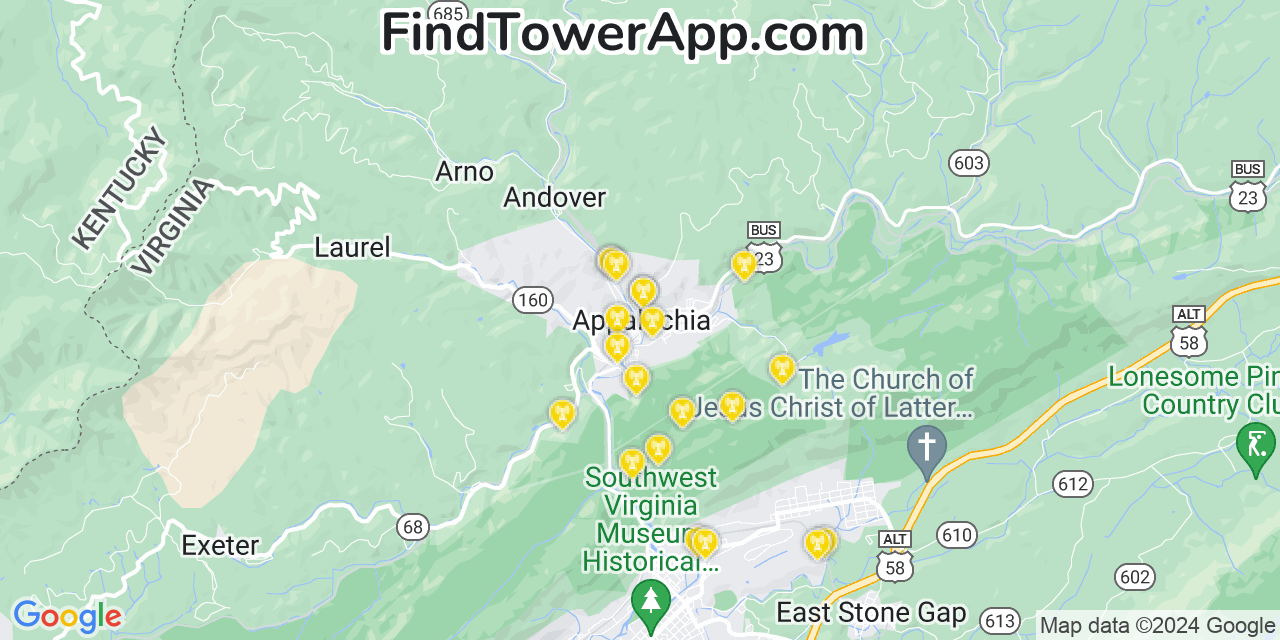 AT&T 4G/5G cell tower coverage map Appalachia, Virginia
