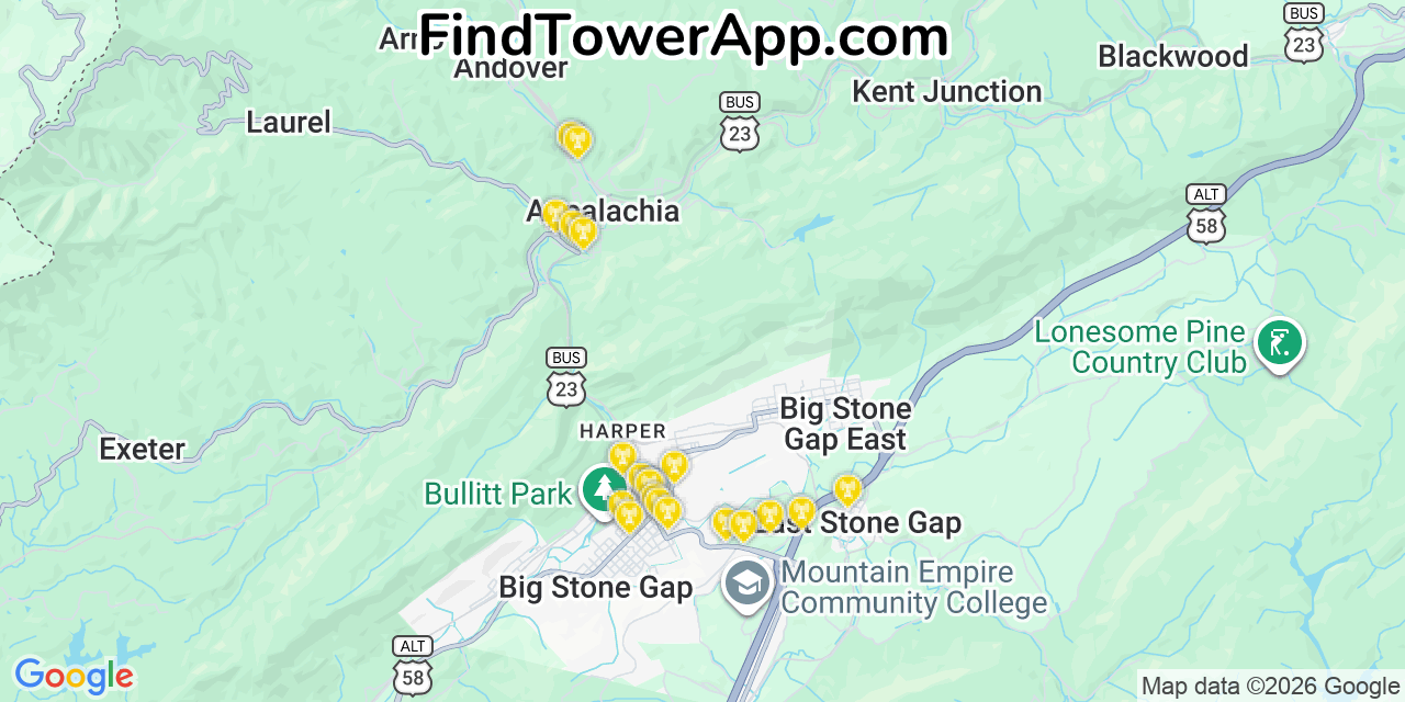 Map showing the 20 primary cell tower locations detected in Appalachia, Virginia from AT&T, Verizon, and T-Mobile networks