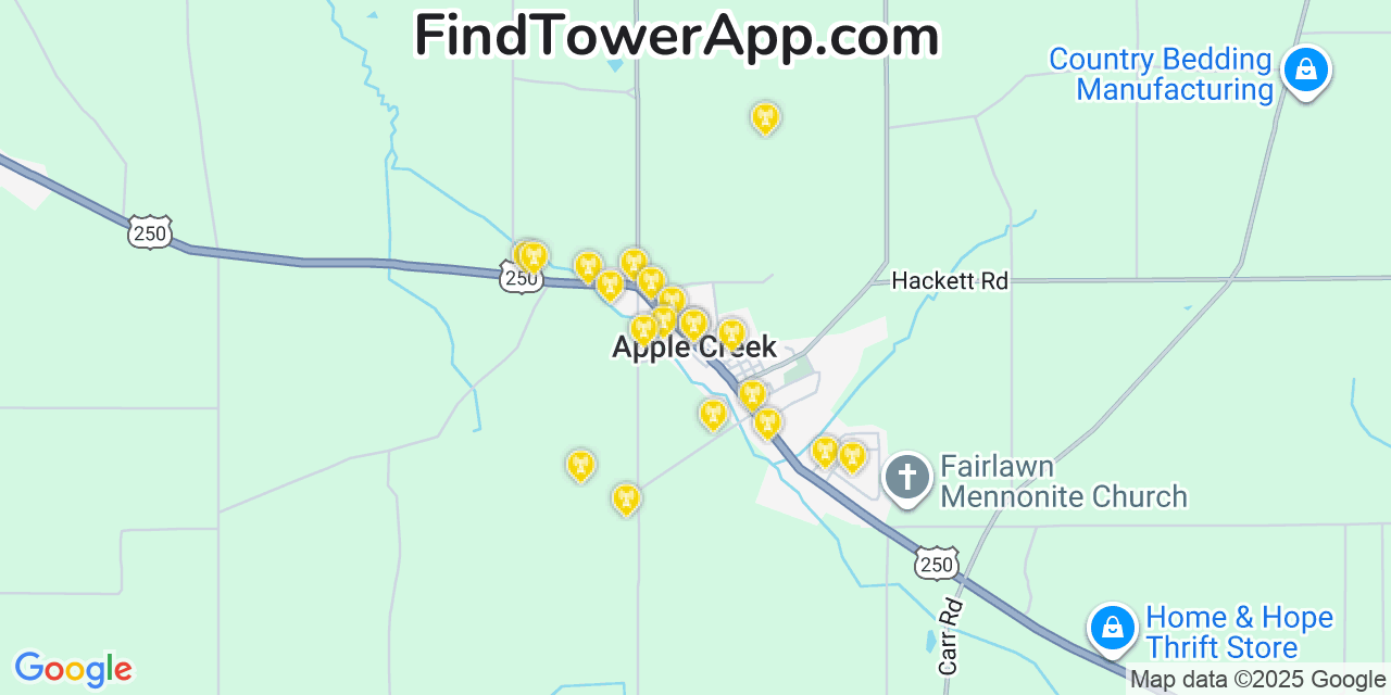 Map showing the 20 primary cell tower locations detected in Apple Creek, Ohio from AT&T, Verizon, and T-Mobile networks