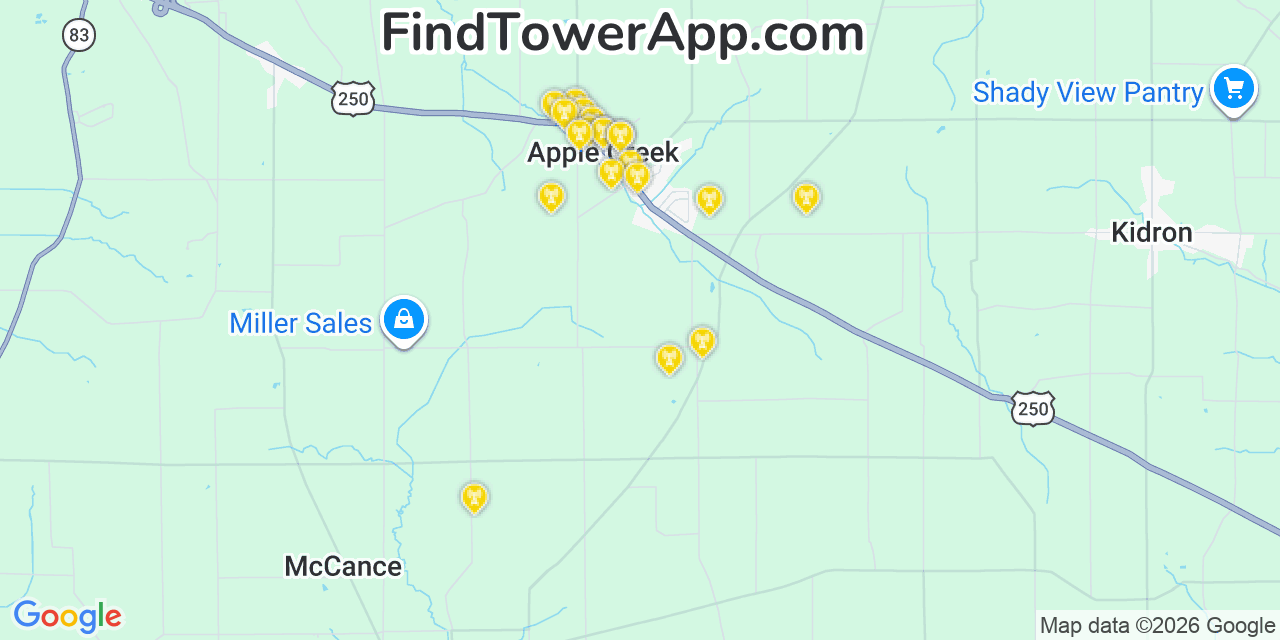 Map showing the 20 primary cell tower locations detected in Apple Creek, Ohio from AT&T, Verizon, and T-Mobile networks