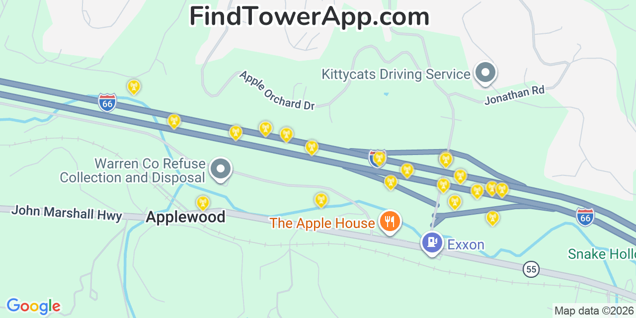 Map showing the 20 primary cell tower locations detected in Apple Mountain Lake, Virginia from AT&T, Verizon, and T-Mobile networks