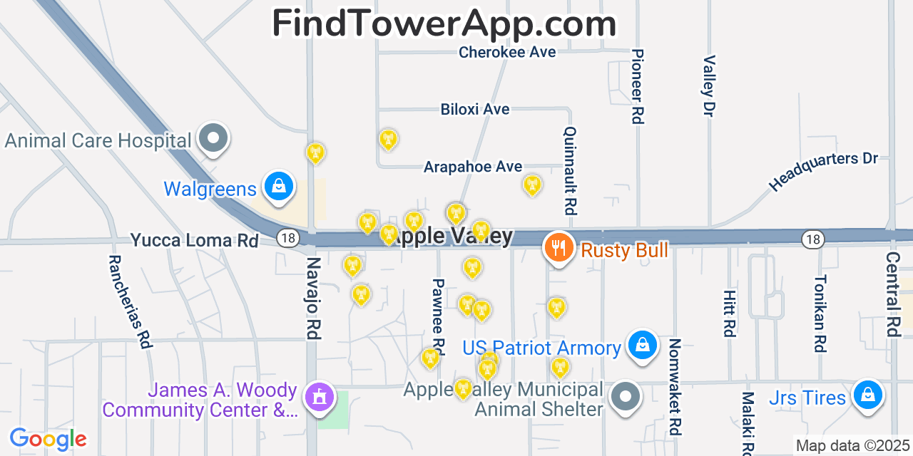 Map showing the 20 primary cell tower locations detected in Apple Valley, California from AT&T, Verizon, and T-Mobile networks