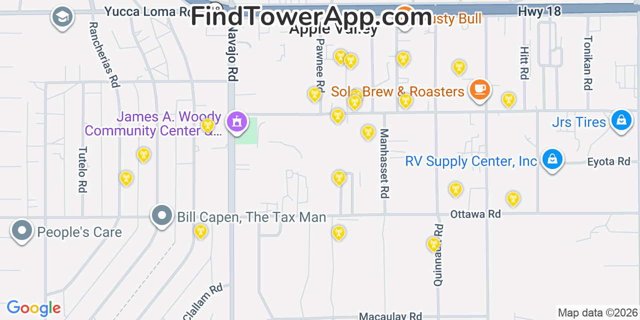 Map showing the 20 primary cell tower locations detected in Apple Valley, California from AT&T, Verizon, and T-Mobile networks