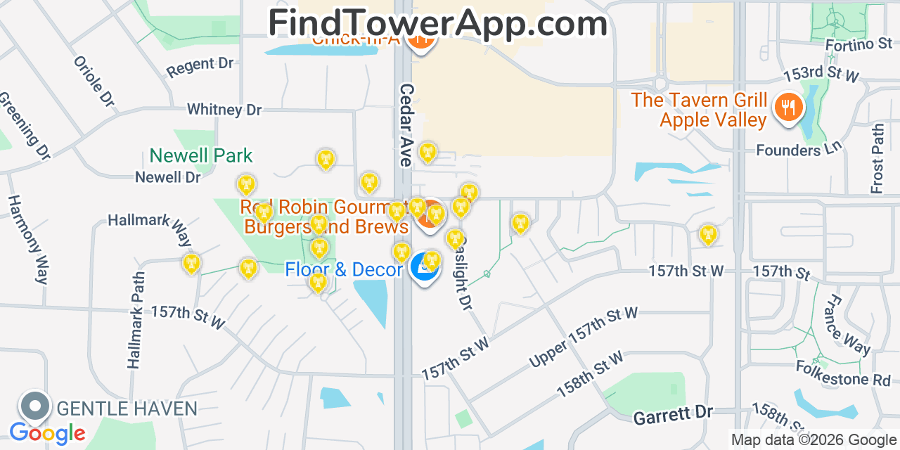 Map showing the 20 primary cell tower locations detected in Apple Valley, Minnesota from AT&T, Verizon, and T-Mobile networks