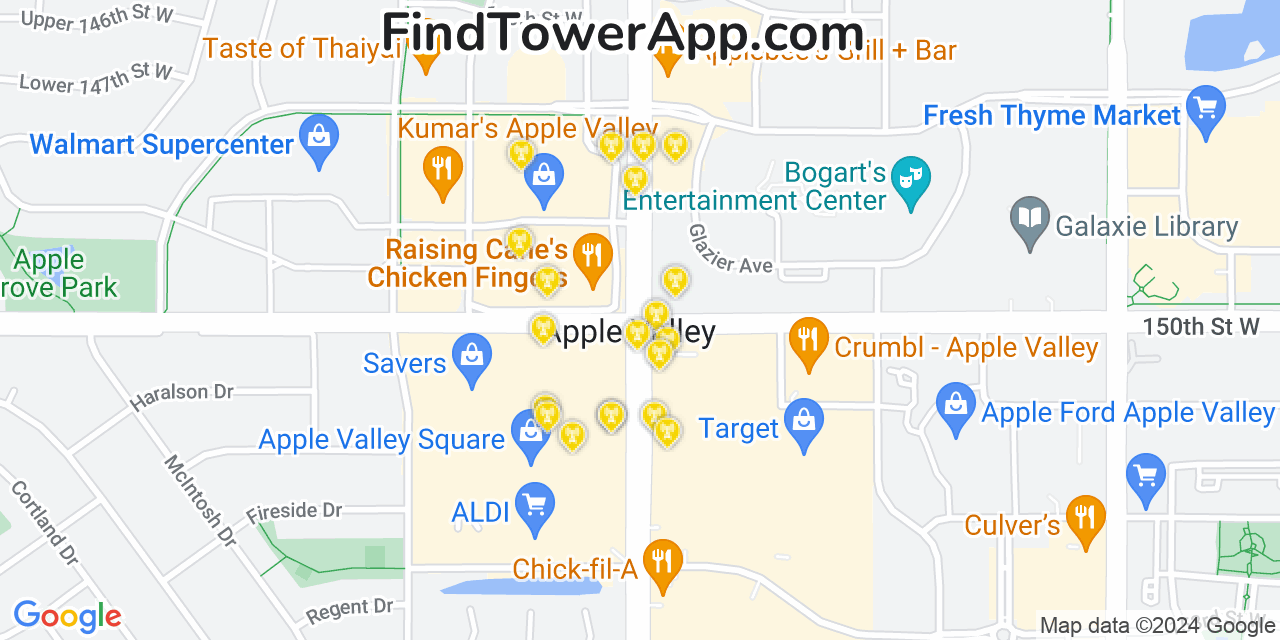 Verizon 4G/5G cell tower coverage map Apple Valley, Minnesota