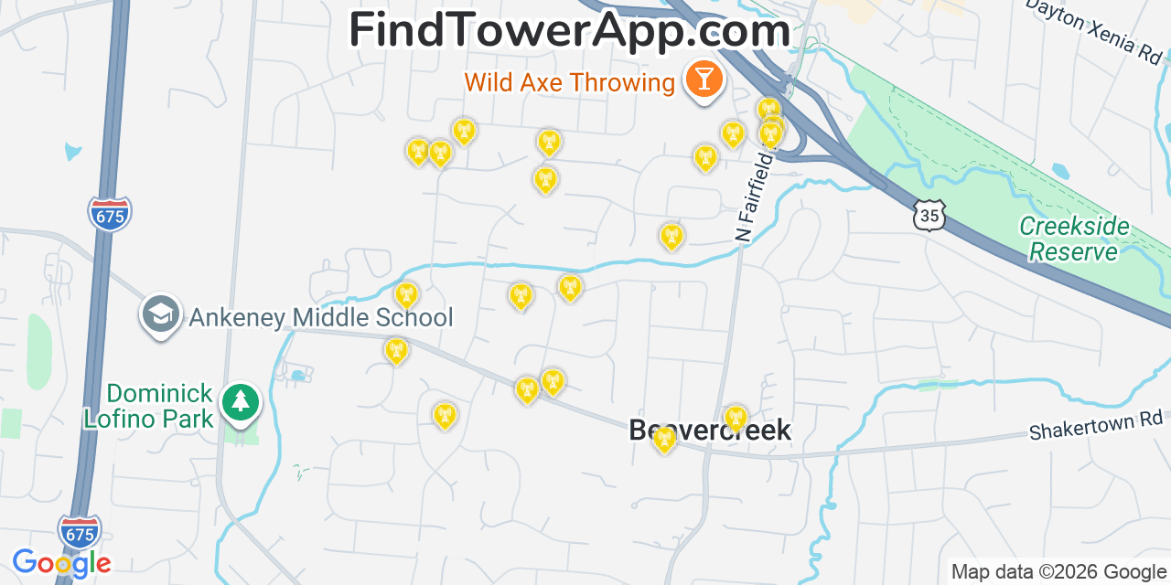 Map showing the 20 primary cell tower locations detected in Apple Valley, Ohio from AT&T, Verizon, and T-Mobile networks