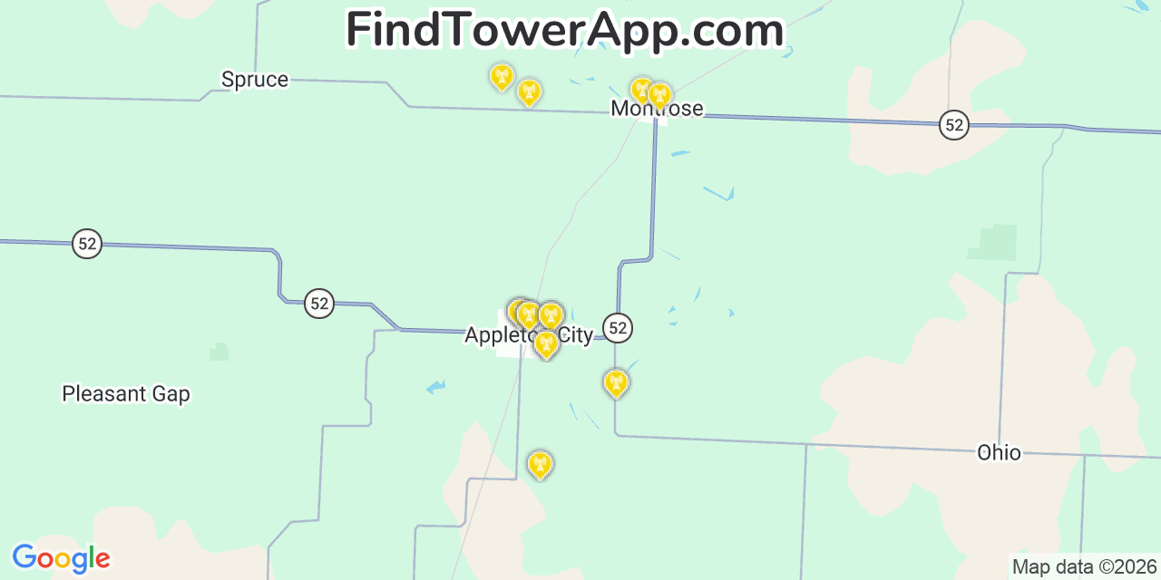 Map showing the 20 primary cell tower locations detected in Appleton City, Missouri from AT&T, Verizon, and T-Mobile networks