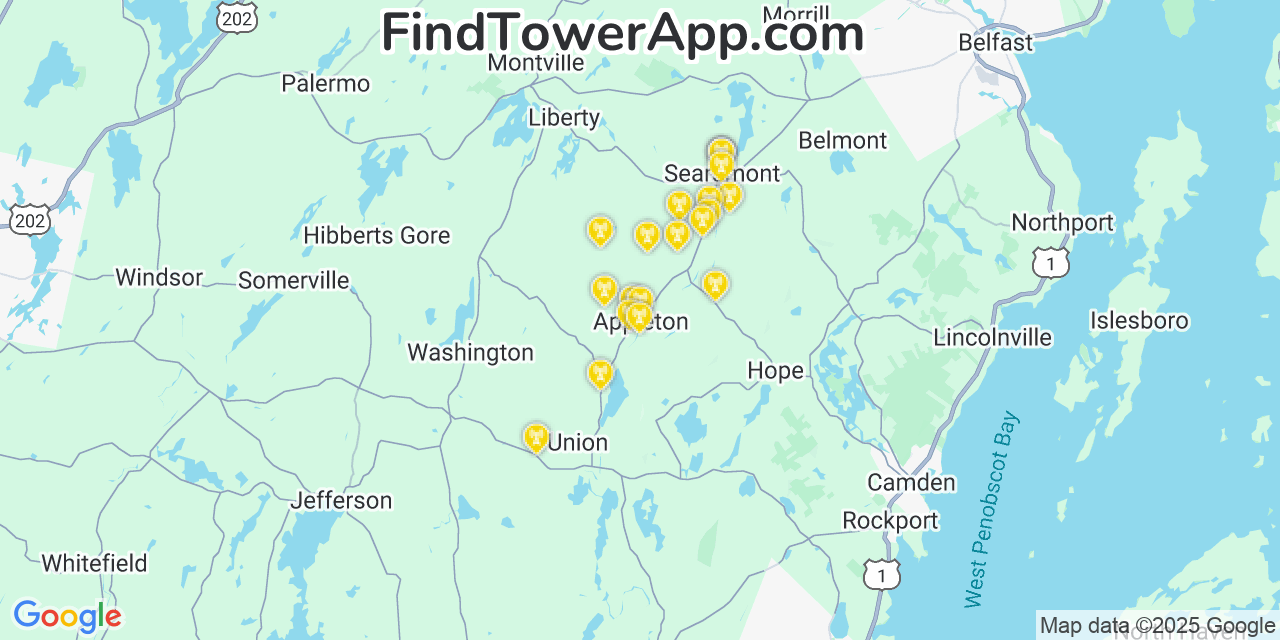 Map showing the 20 primary cell tower locations detected in Appleton, Maine from AT&T, Verizon, and T-Mobile networks