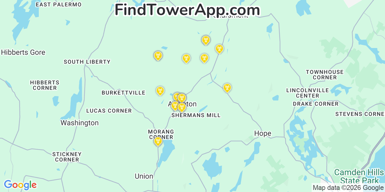 Map showing the 20 primary cell tower locations detected in Appleton, Maine from AT&T, Verizon, and T-Mobile networks