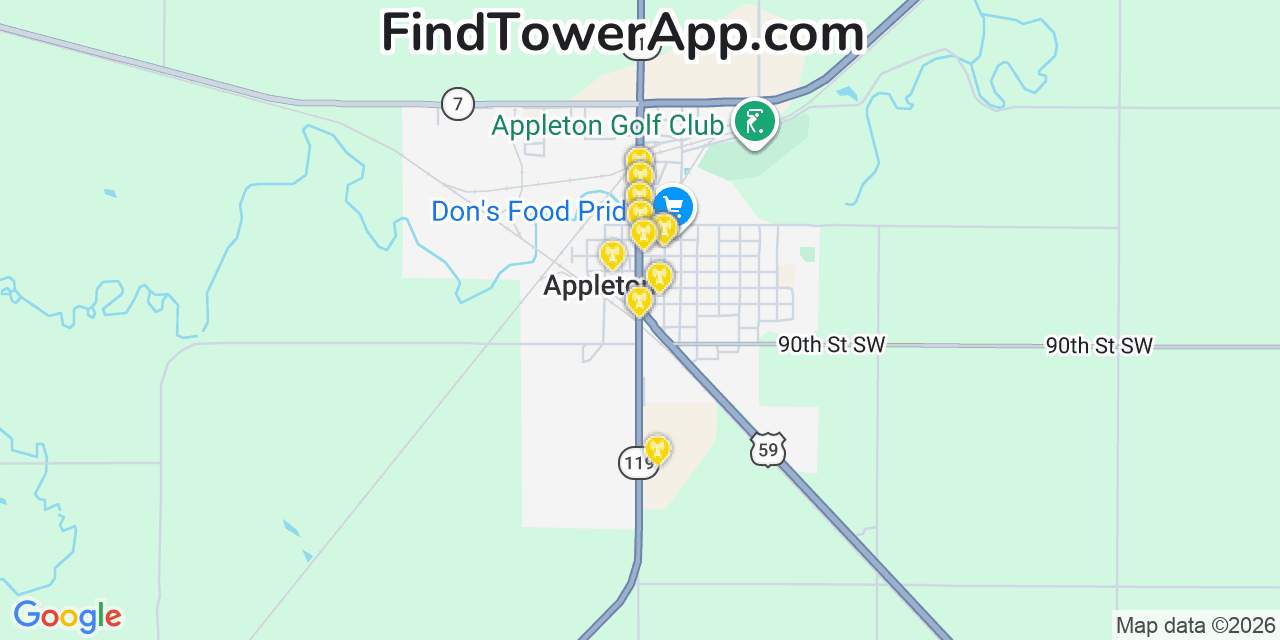 Map showing the 20 primary cell tower locations detected in Appleton, Minnesota from AT&T, Verizon, and T-Mobile networks