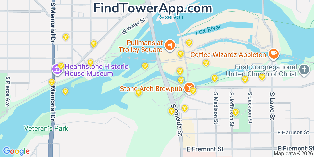 Map showing the 20 primary cell tower locations detected in Appleton, Wisconsin from AT&T, Verizon, and T-Mobile networks