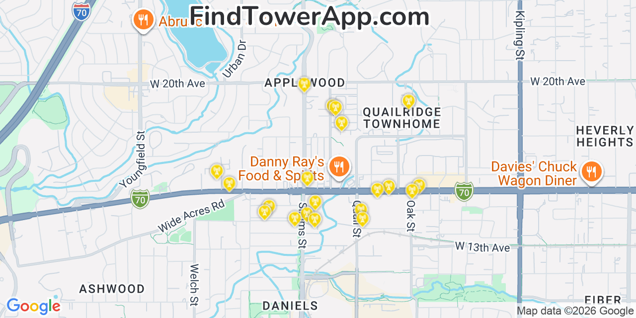 Map showing the 20 primary cell tower locations detected in Applewood, Colorado from AT&T, Verizon, and T-Mobile networks