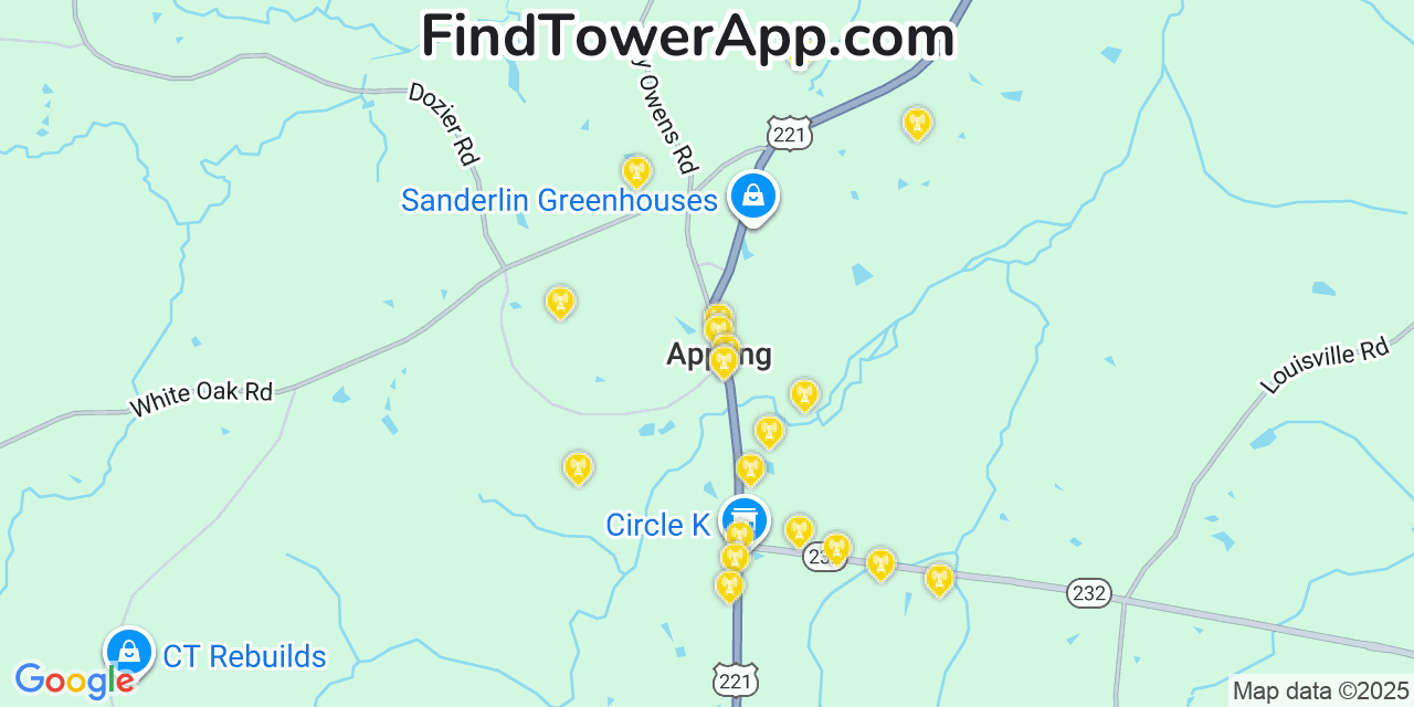 Map showing the 20 primary cell tower locations detected in Appling, Georgia from AT&T, Verizon, and T-Mobile networks