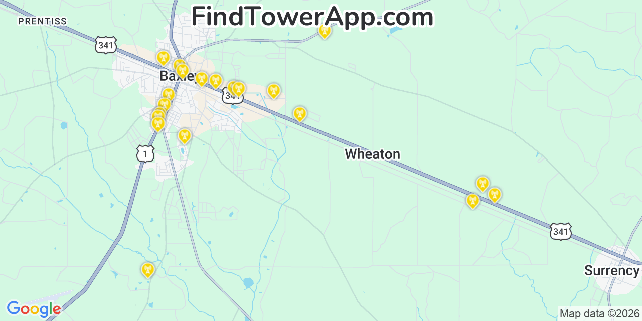 Map showing the 20 primary cell tower locations detected in Appling, Georgia from AT&T, Verizon, and T-Mobile networks