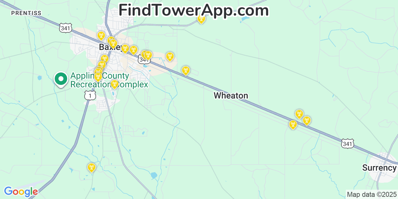 Map showing the 20 primary Mobitel cell tower locations detected in Appling, Georgia with coverage radius and signal strength indicators