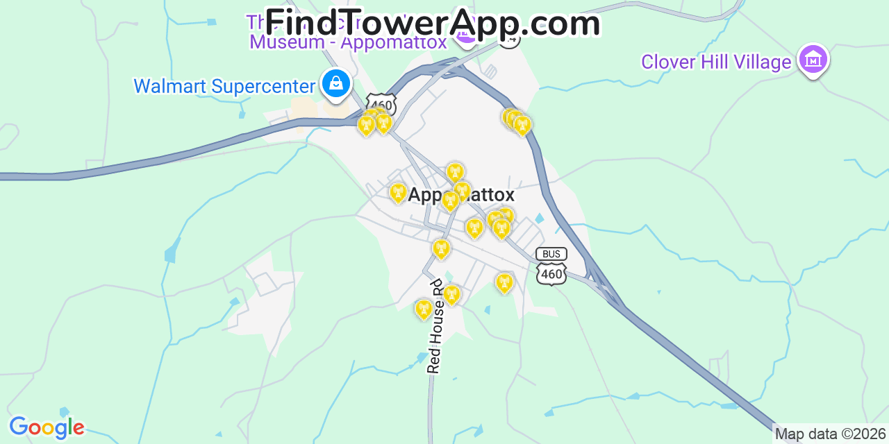 Map showing the 20 primary cell tower locations detected in Appomattox, Virginia from AT&T, Verizon, and T-Mobile networks