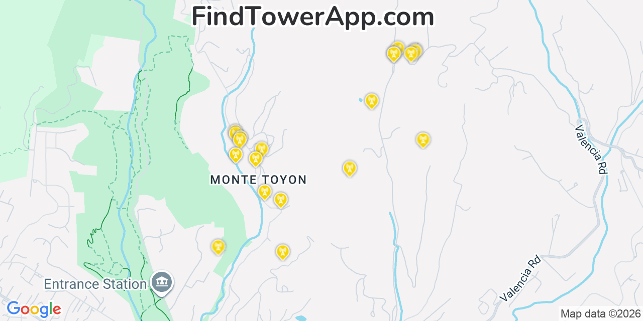 Map showing the 20 primary cell tower locations detected in Aptos, California from AT&T, Verizon, and T-Mobile networks