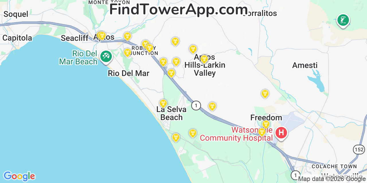 Map showing the 20 primary cell tower locations detected in Aptos Hills Larkin Valley, California from AT&T, Verizon, and T-Mobile networks