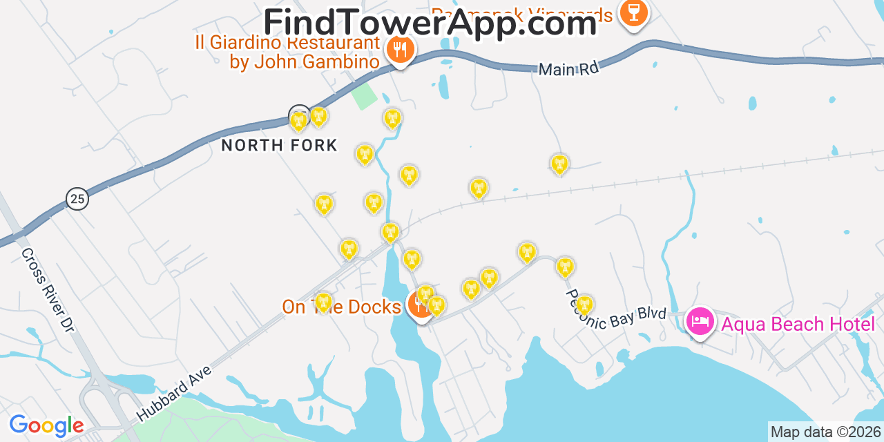 Map showing the 20 primary cell tower locations detected in Aquebogue, New York from AT&T, Verizon, and T-Mobile networks