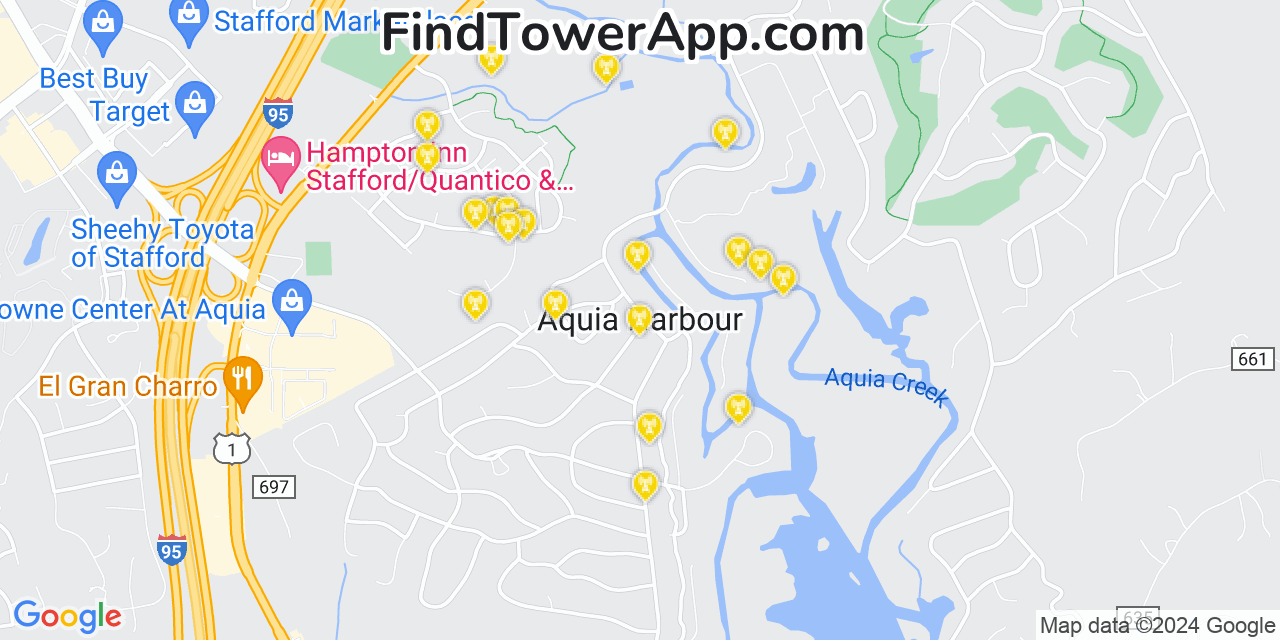 AT&T 4G/5G cell tower coverage map Aquia Harbour, Virginia