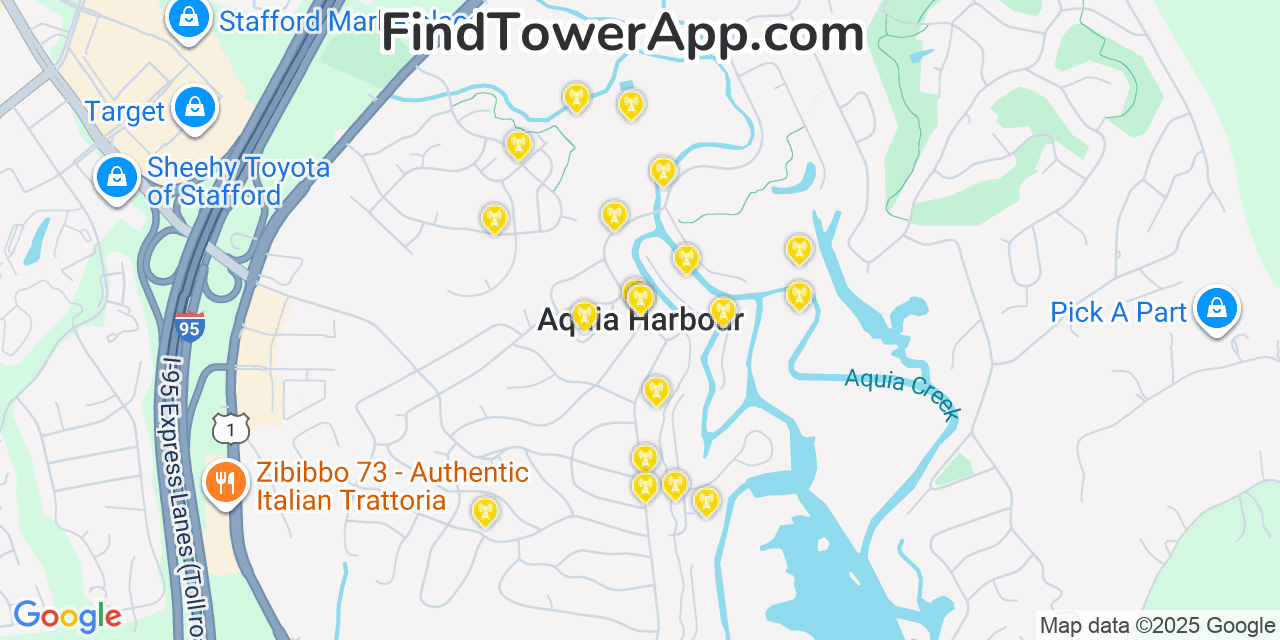Map showing the 20 primary cell tower locations detected in Aquia Harbour, Virginia from AT&T, Verizon, and T-Mobile networks