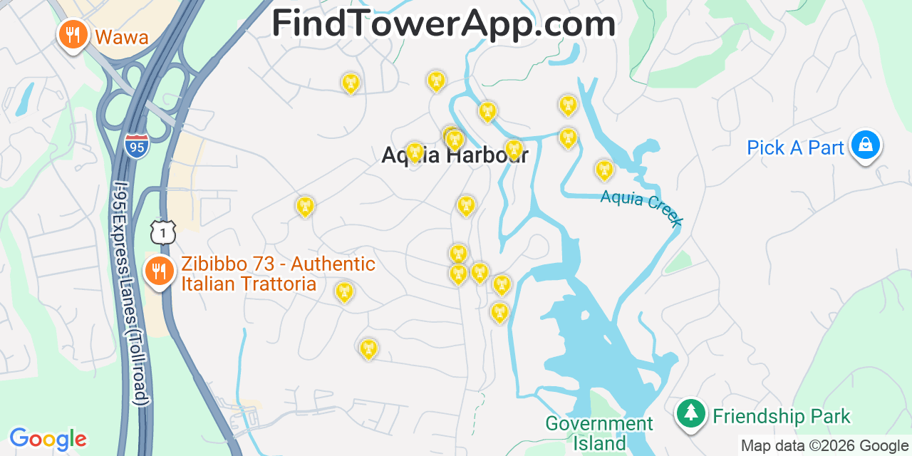 Map showing the 20 primary cell tower locations detected in Aquia Harbour, Virginia from AT&T, Verizon, and T-Mobile networks