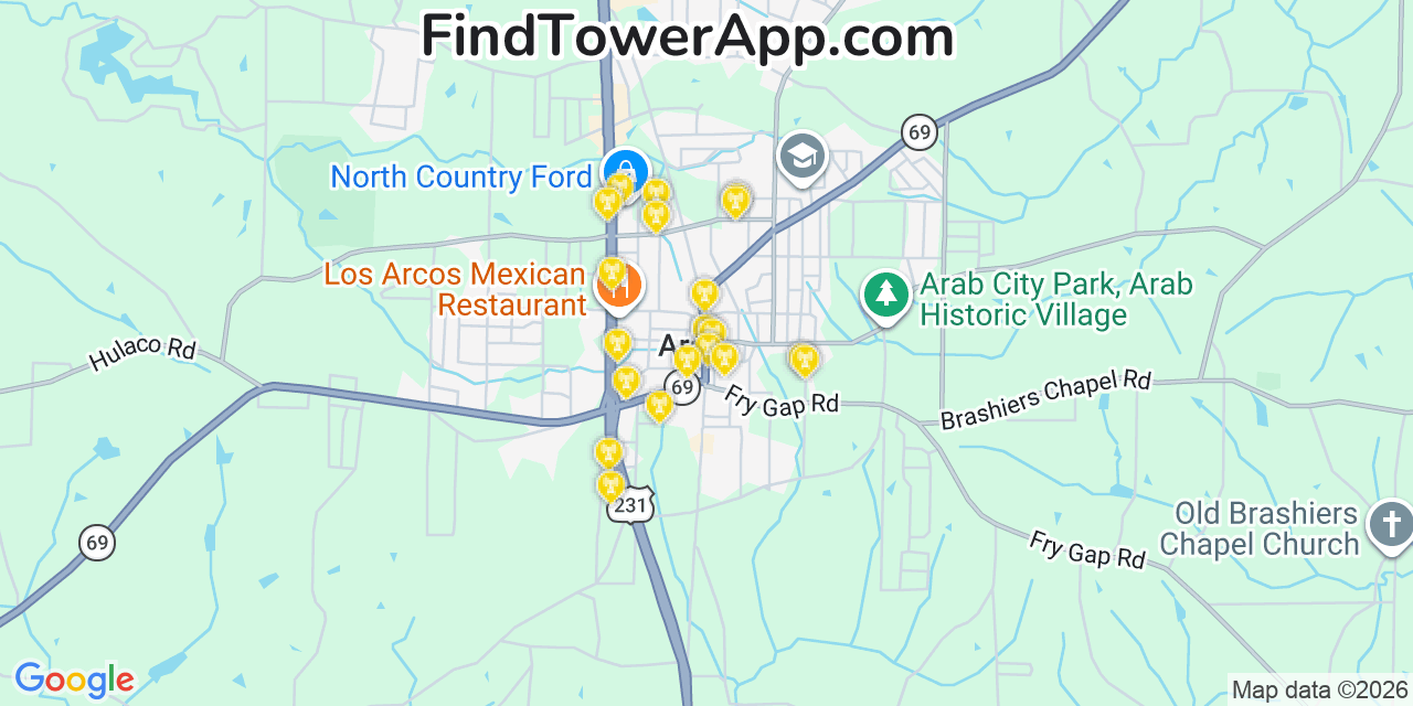 Map showing the 20 primary cell tower locations detected in Arab, Alabama from AT&T, Verizon, and T-Mobile networks