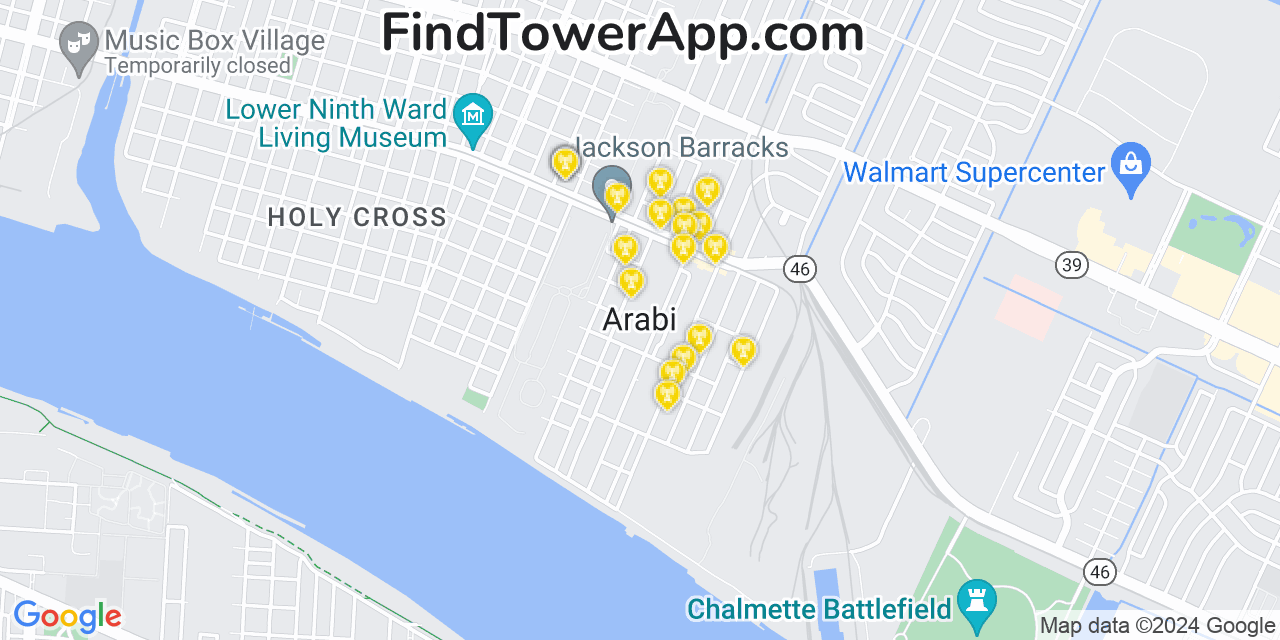 AT&T 4G/5G cell tower coverage map Arabi, Louisiana