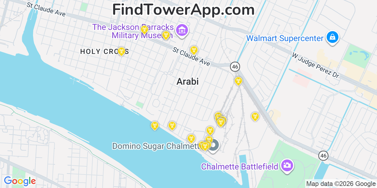 Map showing the 20 primary cell tower locations detected in Arabi, Louisiana from AT&T, Verizon, and T-Mobile networks
