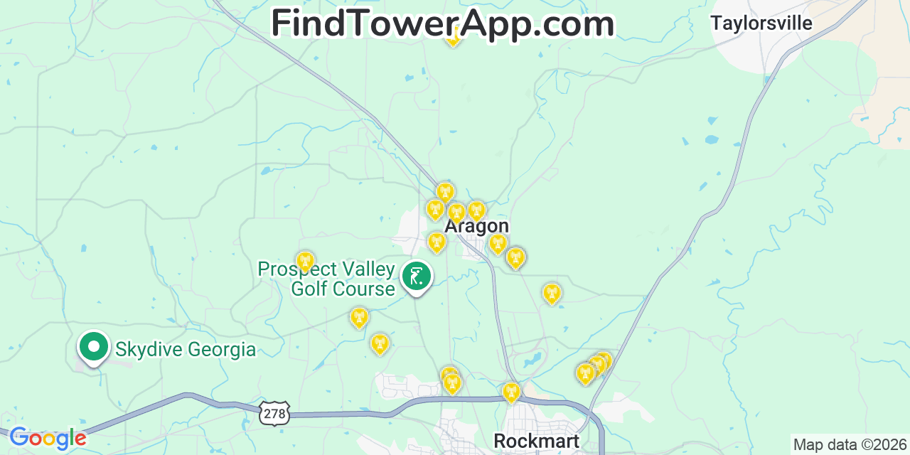 Map showing the 20 primary cell tower locations detected in Aragon, Georgia from AT&T, Verizon, and T-Mobile networks