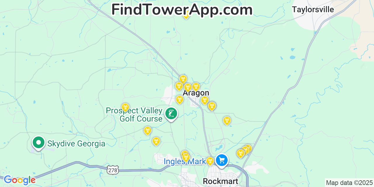 Map showing the 20 primary Mobitel cell tower locations detected in Aragon, Georgia with coverage radius and signal strength indicators