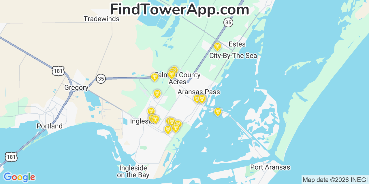 Map showing the 20 primary cell tower locations detected in Aransas Pass, Texas from AT&T, Verizon, and T-Mobile networks