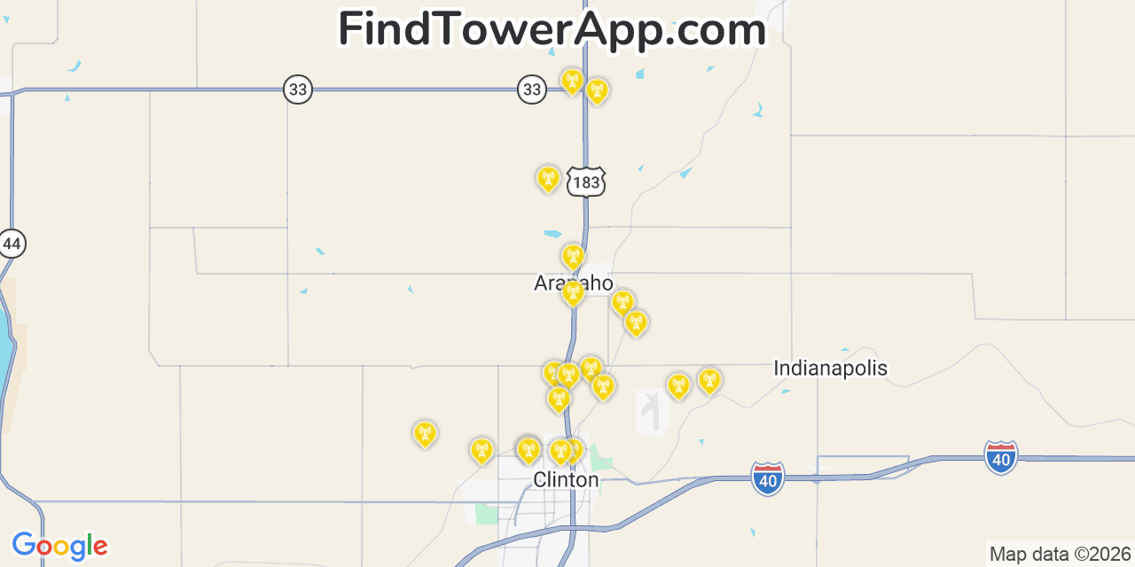Map showing the 20 primary cell tower locations detected in Arapaho, Oklahoma from AT&T, Verizon, and T-Mobile networks