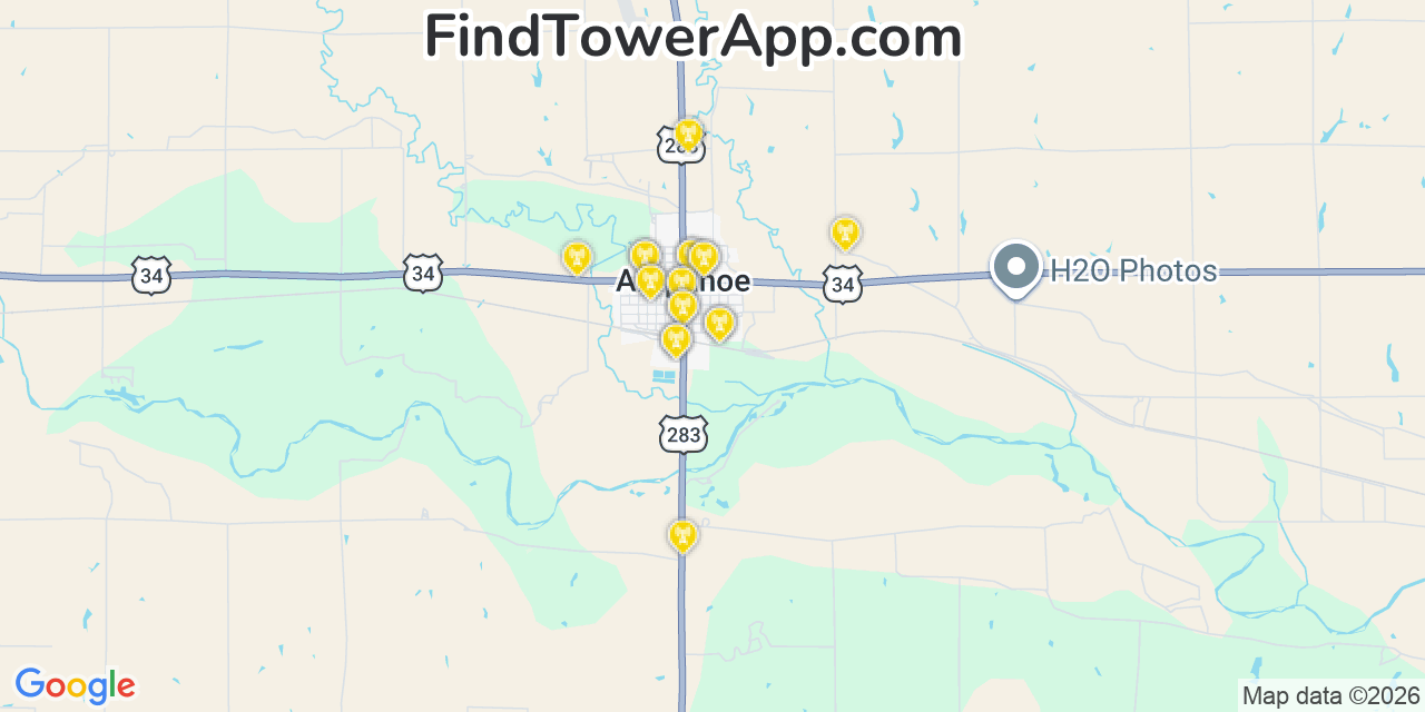 Map showing the 20 primary cell tower locations detected in Arapahoe, Nebraska from AT&T, Verizon, and T-Mobile networks