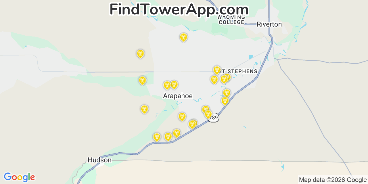 Map showing the 20 primary cell tower locations detected in Arapahoe, Wyoming from AT&T, Verizon, and T-Mobile networks