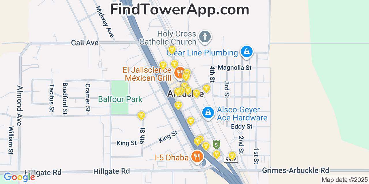 Map showing the 20 primary cell tower locations detected in Arbuckle, California from AT&T, Verizon, and T-Mobile networks