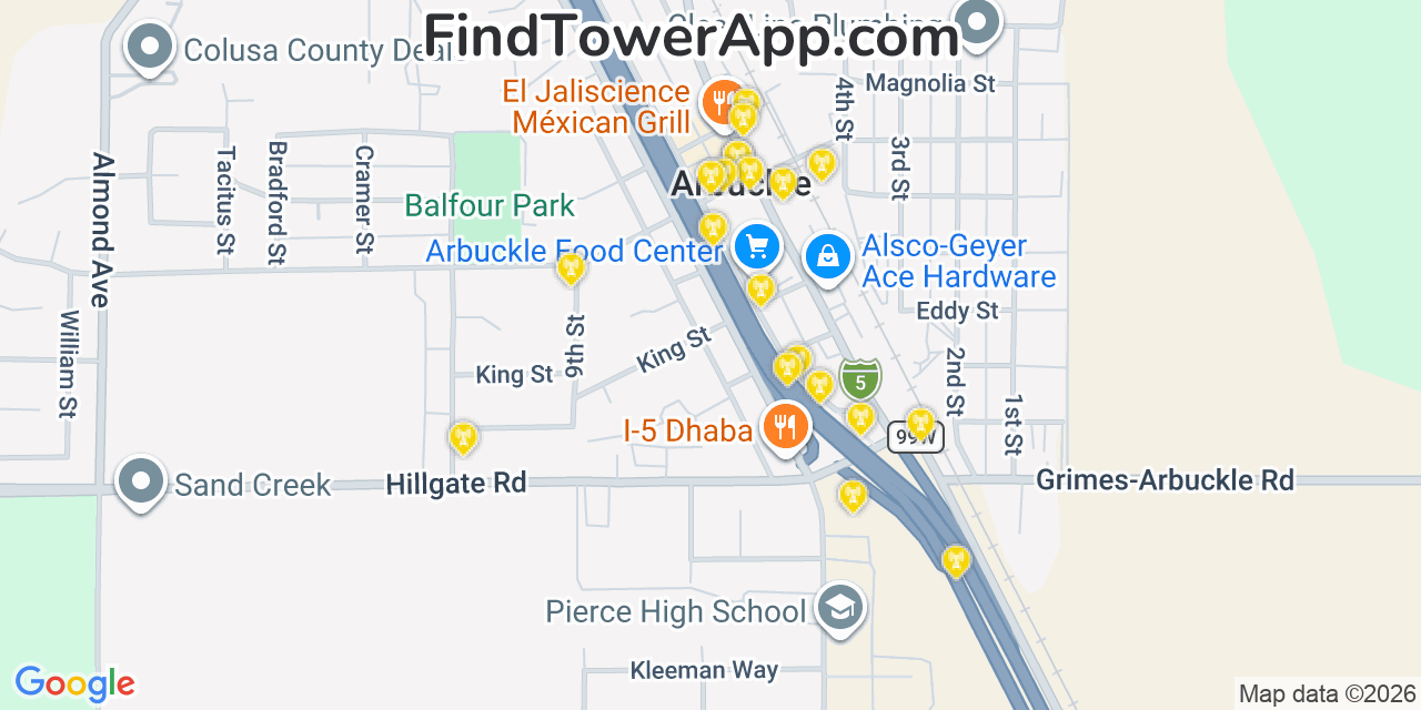 Map showing the 20 primary cell tower locations detected in Arbuckle, California from AT&T, Verizon, and T-Mobile networks