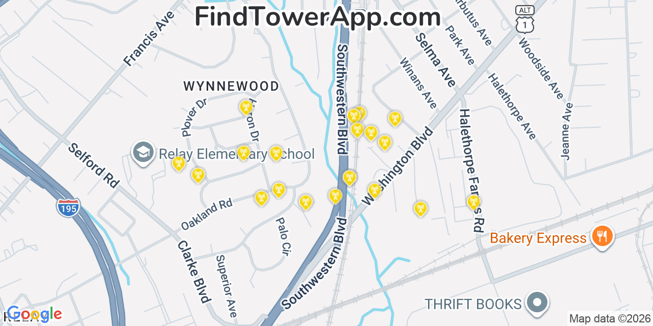 Map showing the 20 primary cell tower locations detected in Arbutus, Maryland from AT&T, Verizon, and T-Mobile networks