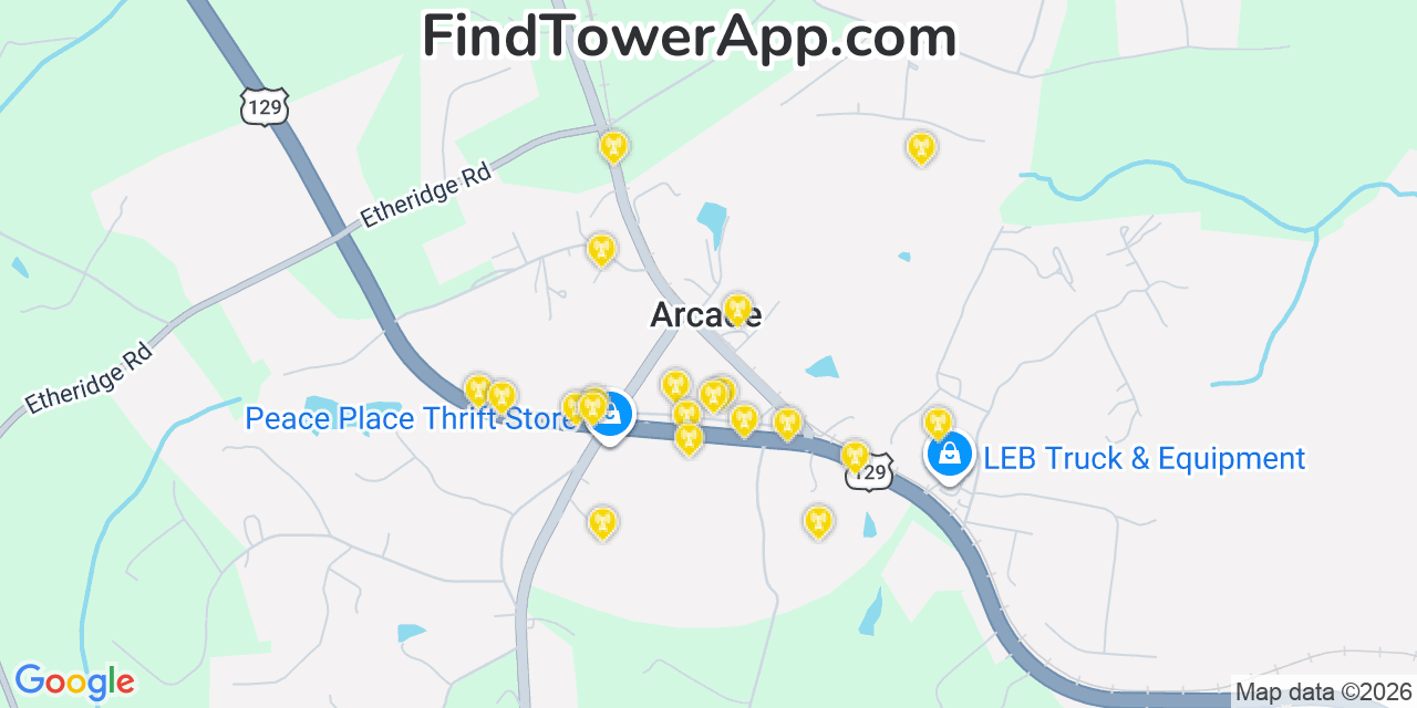 Map showing the 20 primary cell tower locations detected in Arcade, Georgia from AT&T, Verizon, and T-Mobile networks