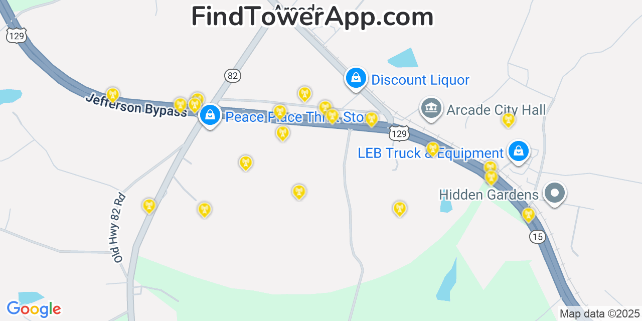 Map showing the 20 primary Mobitel cell tower locations detected in Arcade, Georgia with coverage radius and signal strength indicators