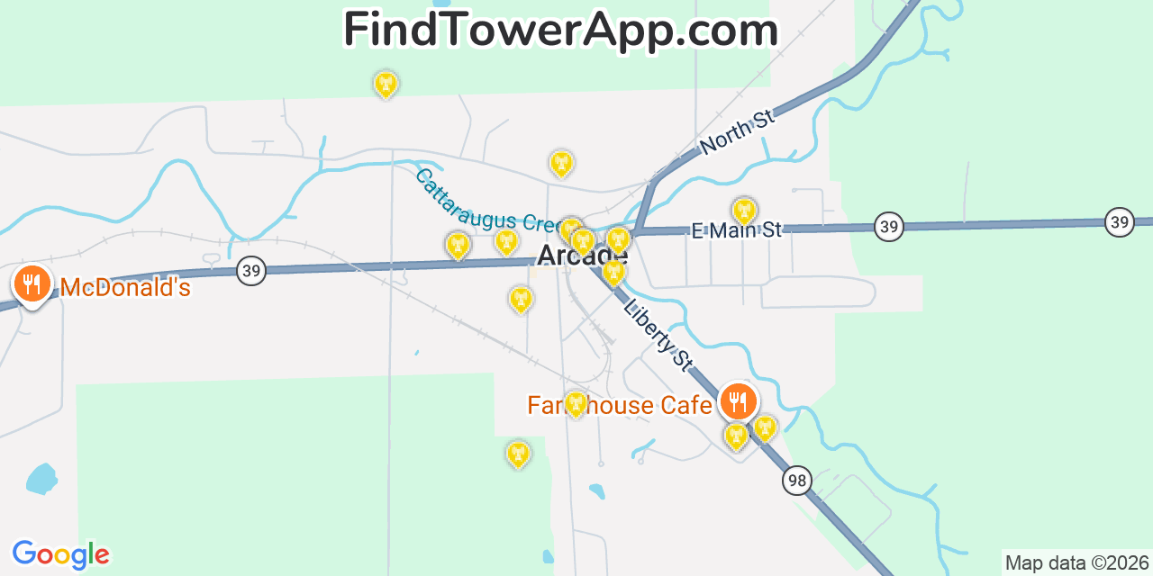 Map showing the 20 primary cell tower locations detected in Arcade, New York from AT&T, Verizon, and T-Mobile networks