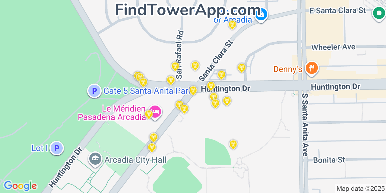 Map showing the 20 primary cell tower locations detected in Arcadia, California from AT&T, Verizon, and T-Mobile networks