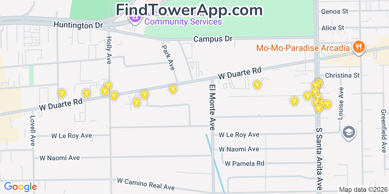 Map showing the 20 primary cell tower locations detected in Arcadia, California from AT&T, Verizon, and T-Mobile networks
