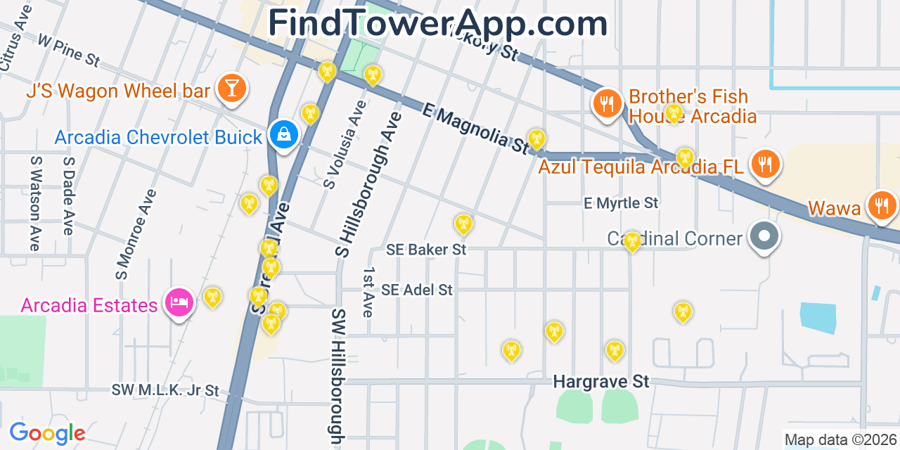 Map showing the 20 primary cell tower locations detected in Arcadia, Florida from AT&T, Verizon, and T-Mobile networks