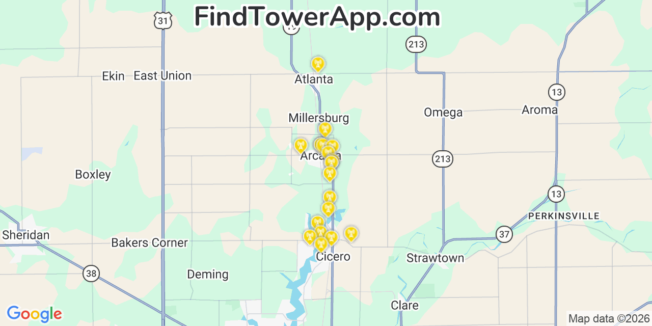 Map showing the 20 primary cell tower locations detected in Arcadia, Indiana from AT&T, Verizon, and T-Mobile networks