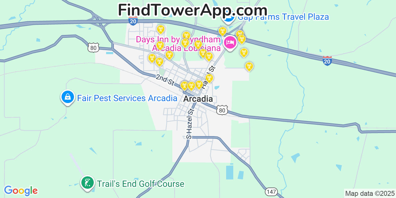 Map showing the 20 primary cell tower locations detected in Arcadia, Louisiana from AT&T, Verizon, and T-Mobile networks